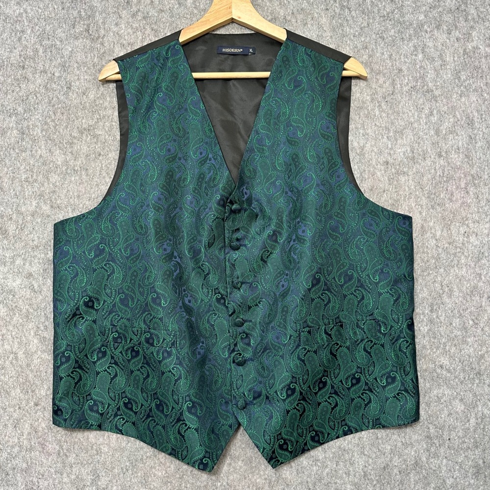 HISDERN Mens Vest XL Green Paisley Jacquard Formal Wedding Party Waistcoat